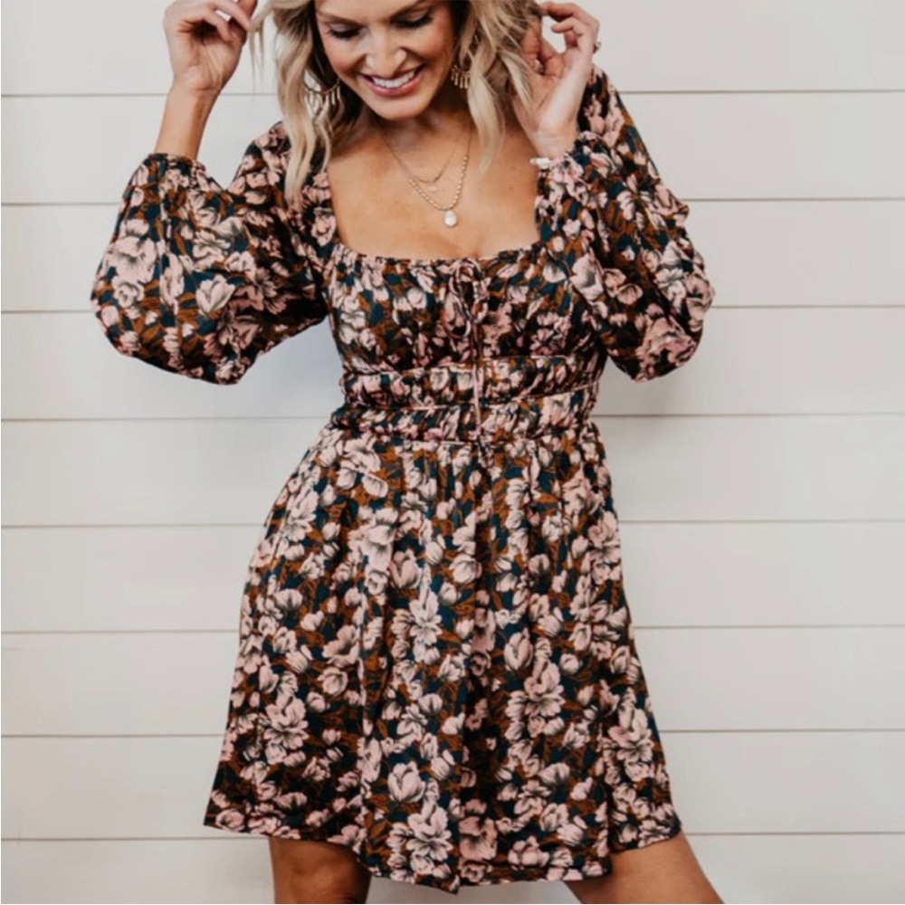 Lush‎ Teal and Pink Floral Long Puff Sleeve Dress